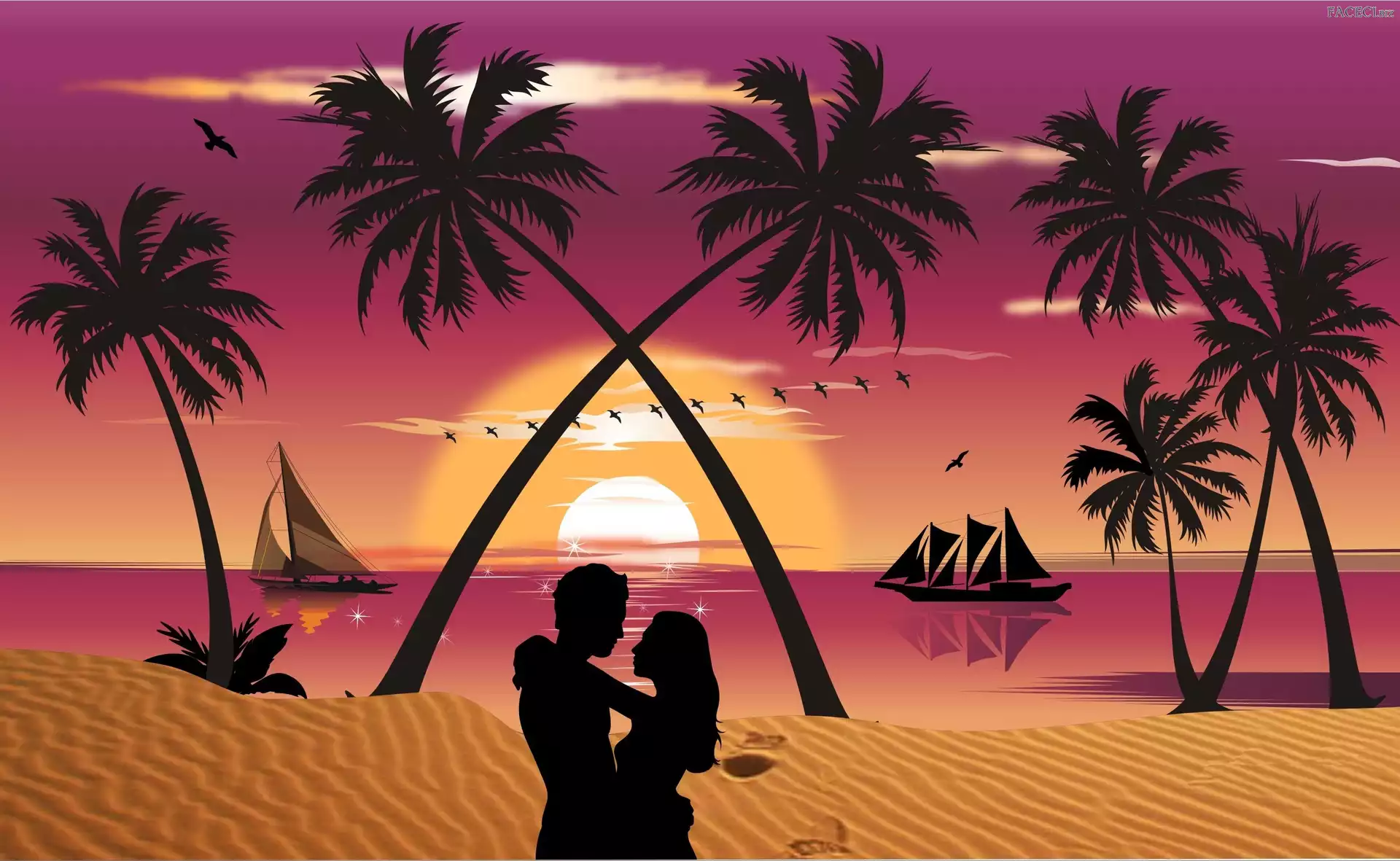Kobieta, Mężczyzna, Plaża, Morze, Palmy