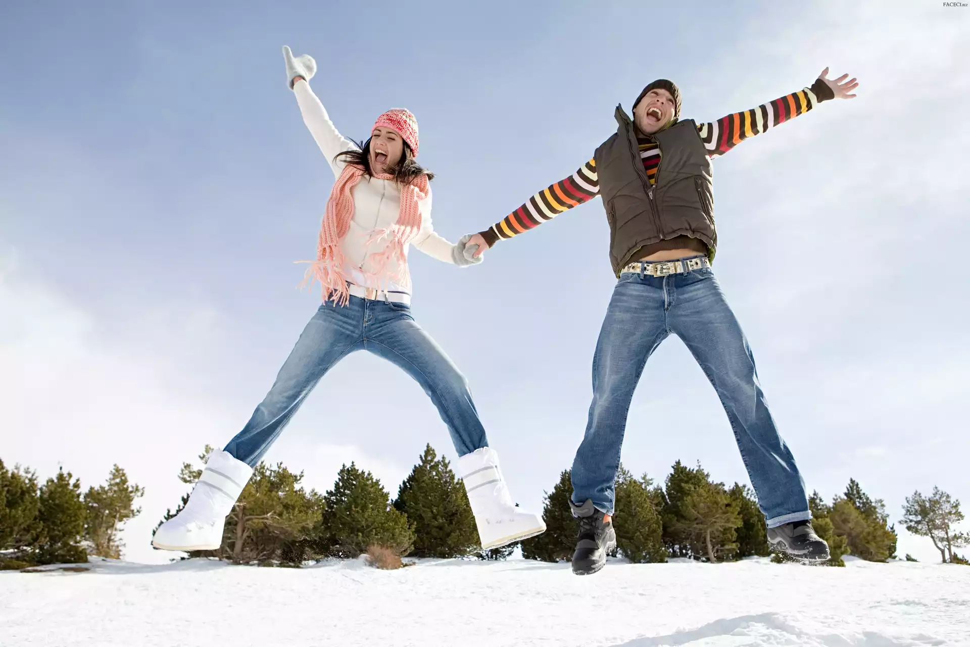 Para, Zima, Niebo, Radość, Śnieg, Drzewa