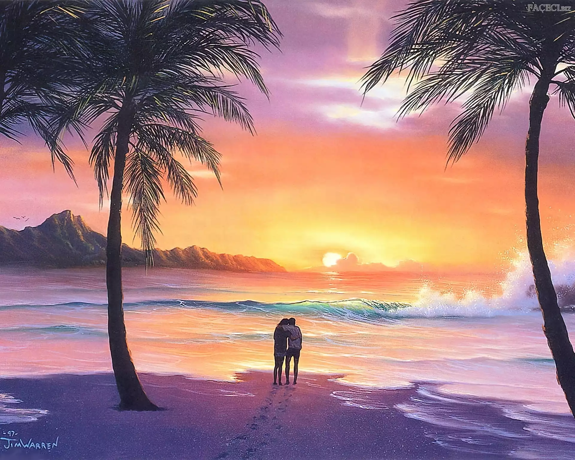 Zachód, Morze, Palmy, Zakochani, Plaża, Słońca